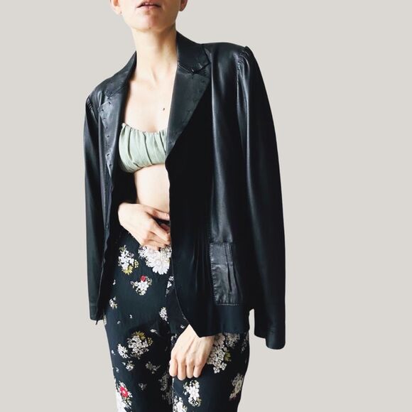 Elie Tahari Black Leather‎ Silk Button Jacket Medium Designer Edge - Picture 1 of 8